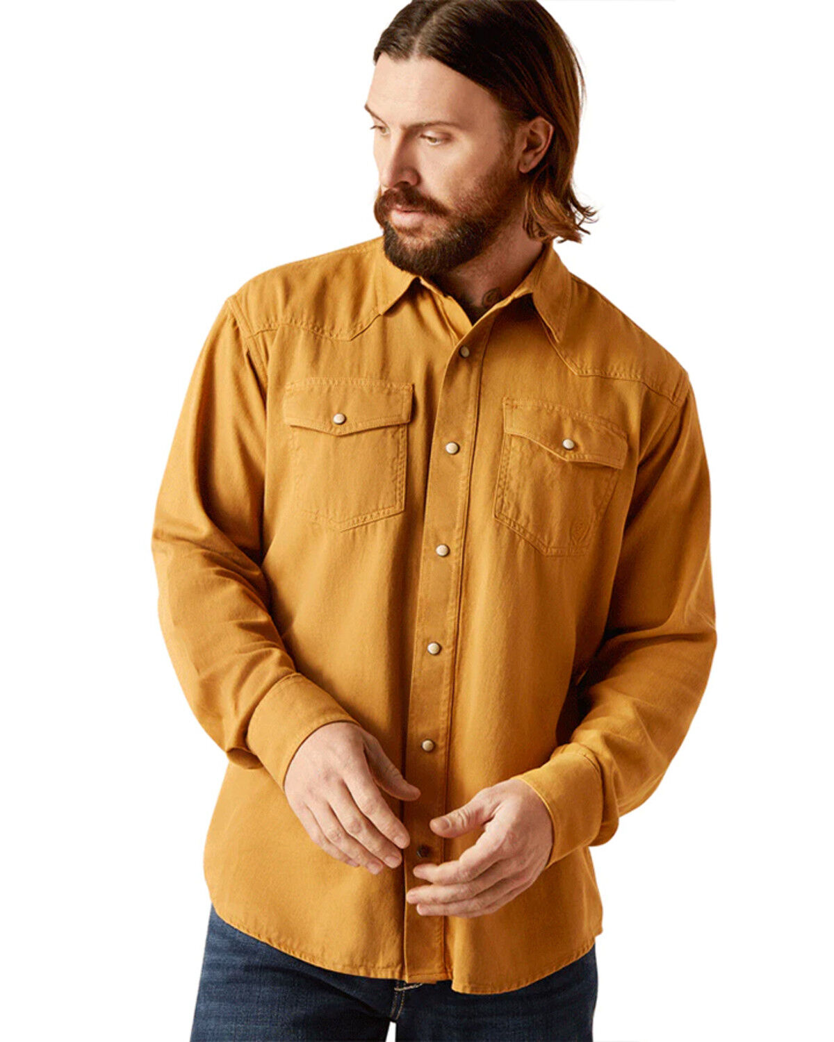 Image #1 - Ariat Men's Jurlington Retro Fit Solid Long Sleeve Snap Western Shirt, Mustard, hi-res
