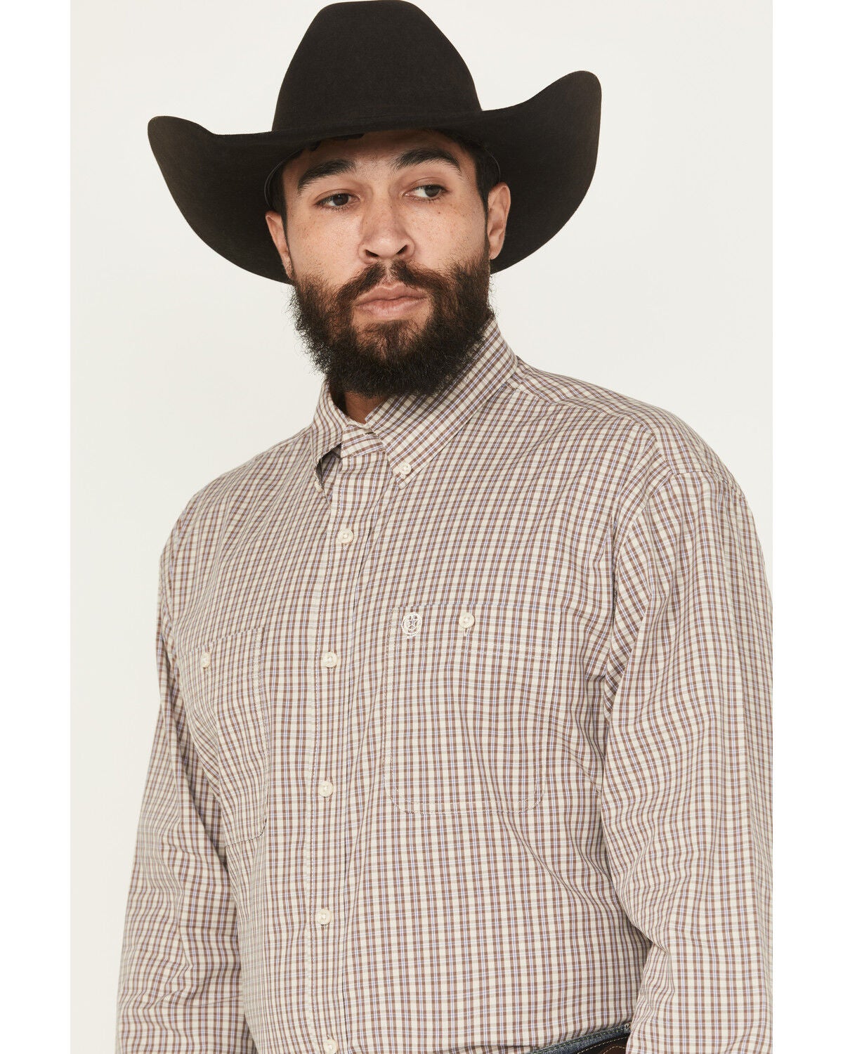 Image #2 - George Strait by Wrangler Men's Plaid Print Long Sleeve Button-Down Stretch Western Shirt, Taupe, hi-res