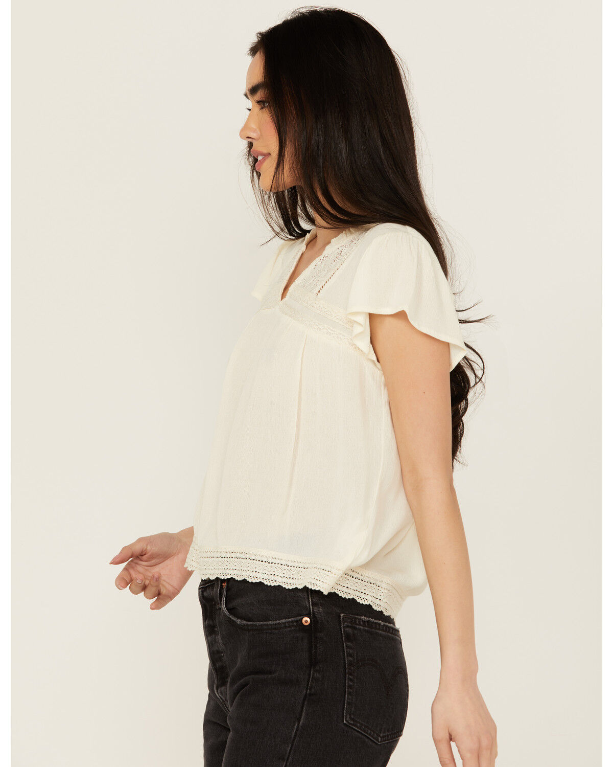 Image #2 - Jolt Women's Lace Trim Flutter Short Sleeve Top, White, hi-res