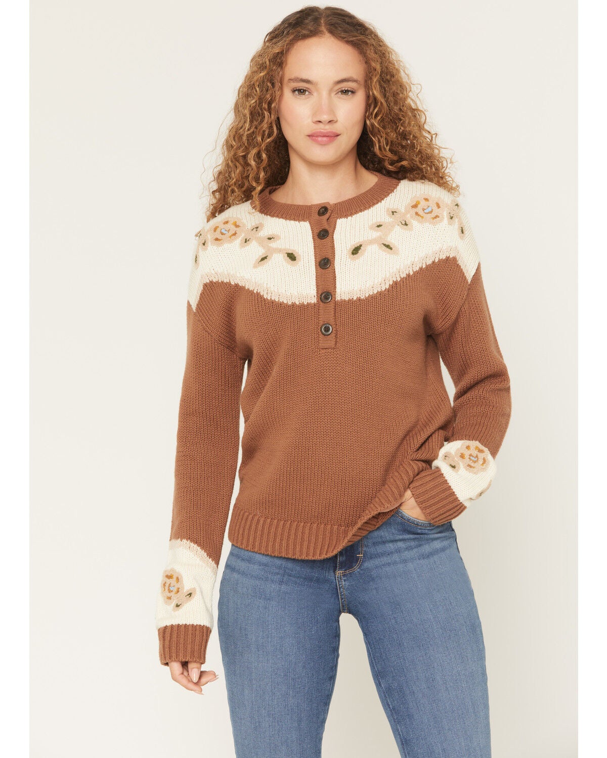 Pendleton Women's Floral Henley Sweater, Brown, hi-res