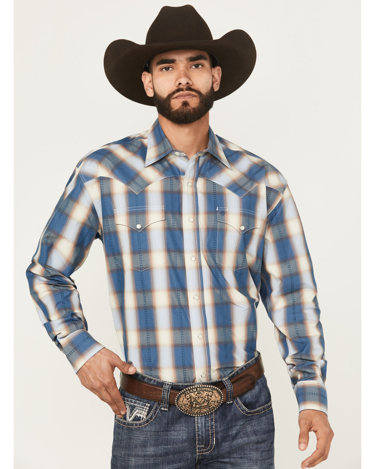Image #1 - Stetson Men's Dobby Plaid Print Long Sleeve Western Shirt, Blue, hi-res