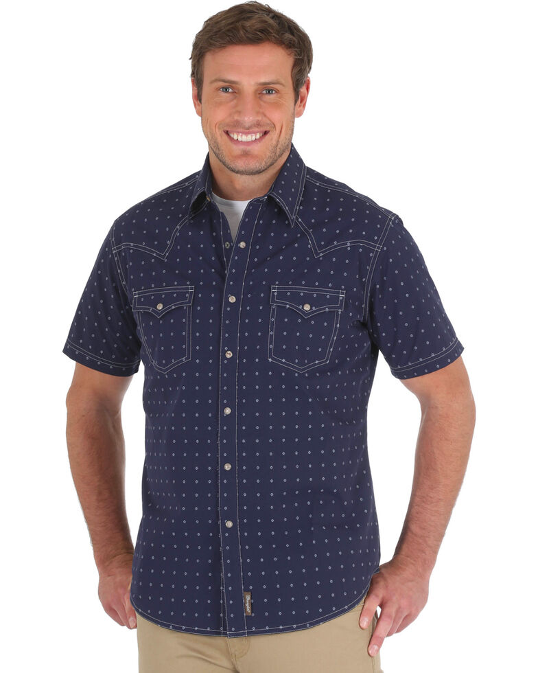 Wrangler Retro Men's Navy Premium Geo Print Short Sleeve Western Shirt, Navy, hi-res