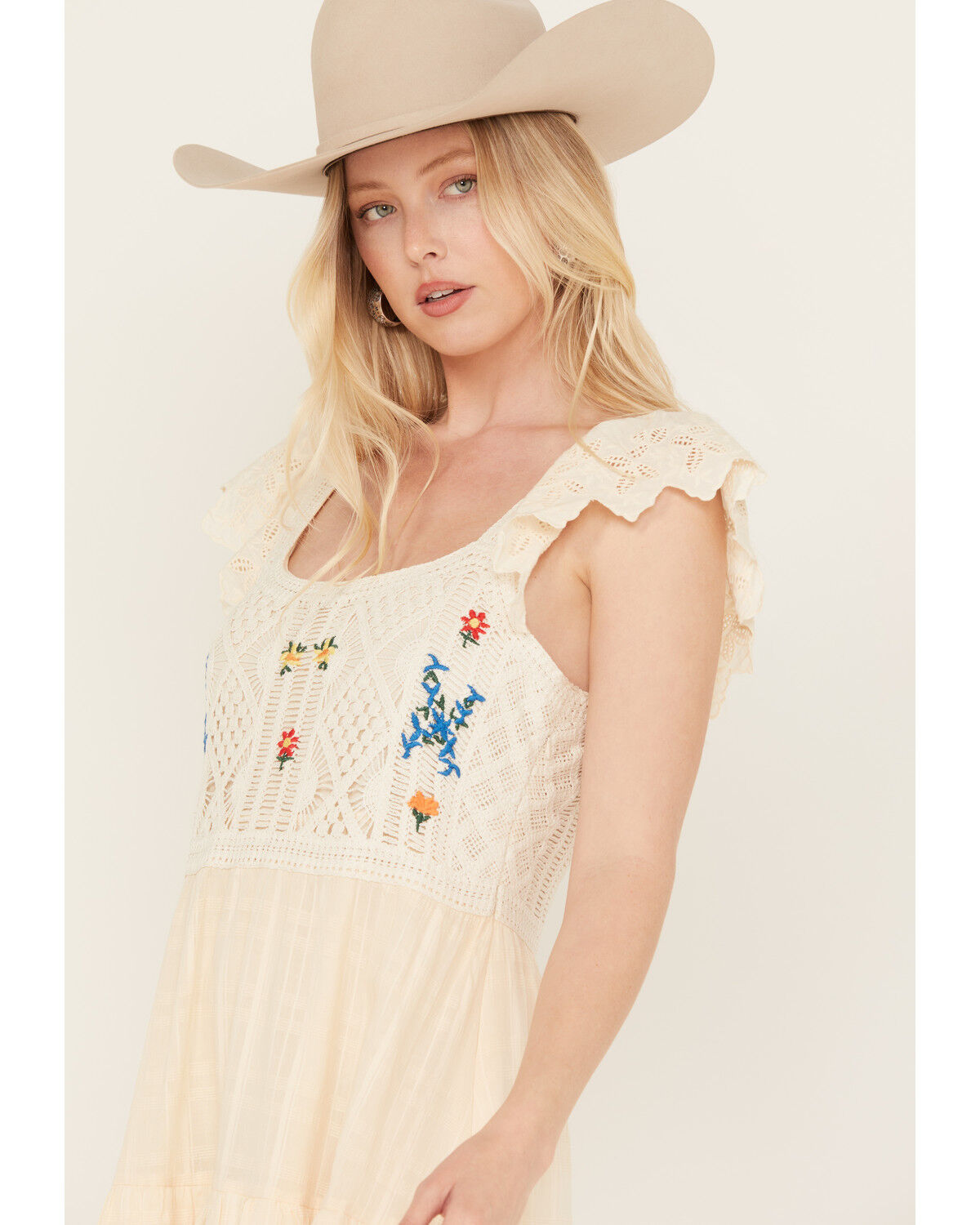 Image #2 - Miss Me Women's Floral Crochet Flutter Sleeveless Tier Mini Dress, Natural, hi-res