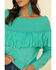 Rock & Roll Denim Women's Turquoise Off Shoulder Cable Knit Fringe Sweater , Turquoise, hi-res