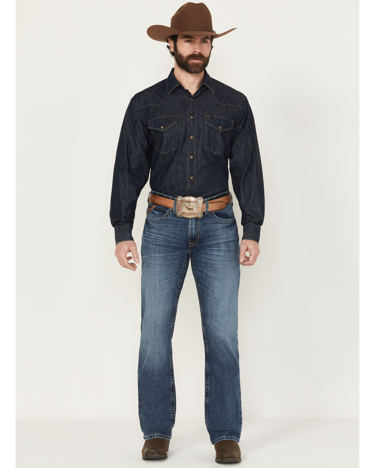 Image #1 - Ariat Men's M4 Andrew Medium Wash Relaxed Bootcut Stretch Denim Jeans, Medium Wash, hi-res