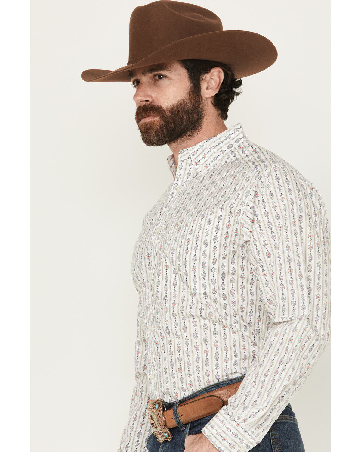 Image #2 - Ariat Men's William Geo Striped Print Long Sleeve Button-Down Western Shirt, White, hi-res