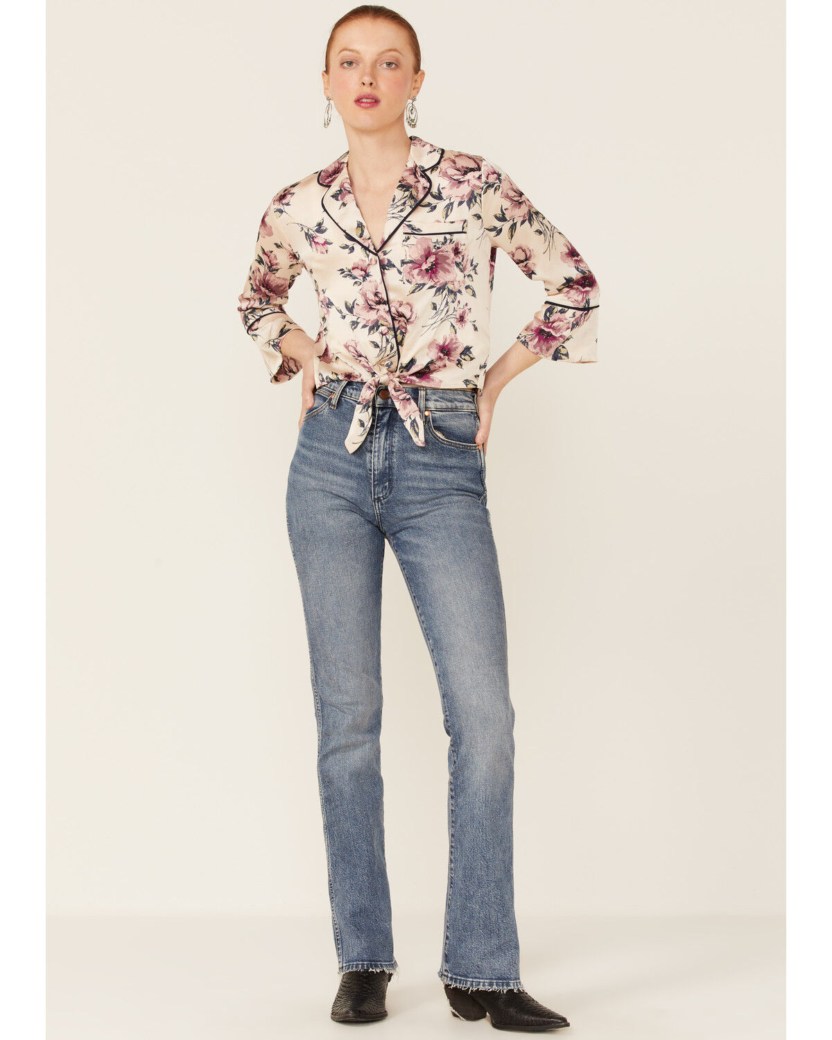 Image #4 - June & Hudson Women's Long Sleeve Satin Floral Tie Front Shirt, Cream, hi-res