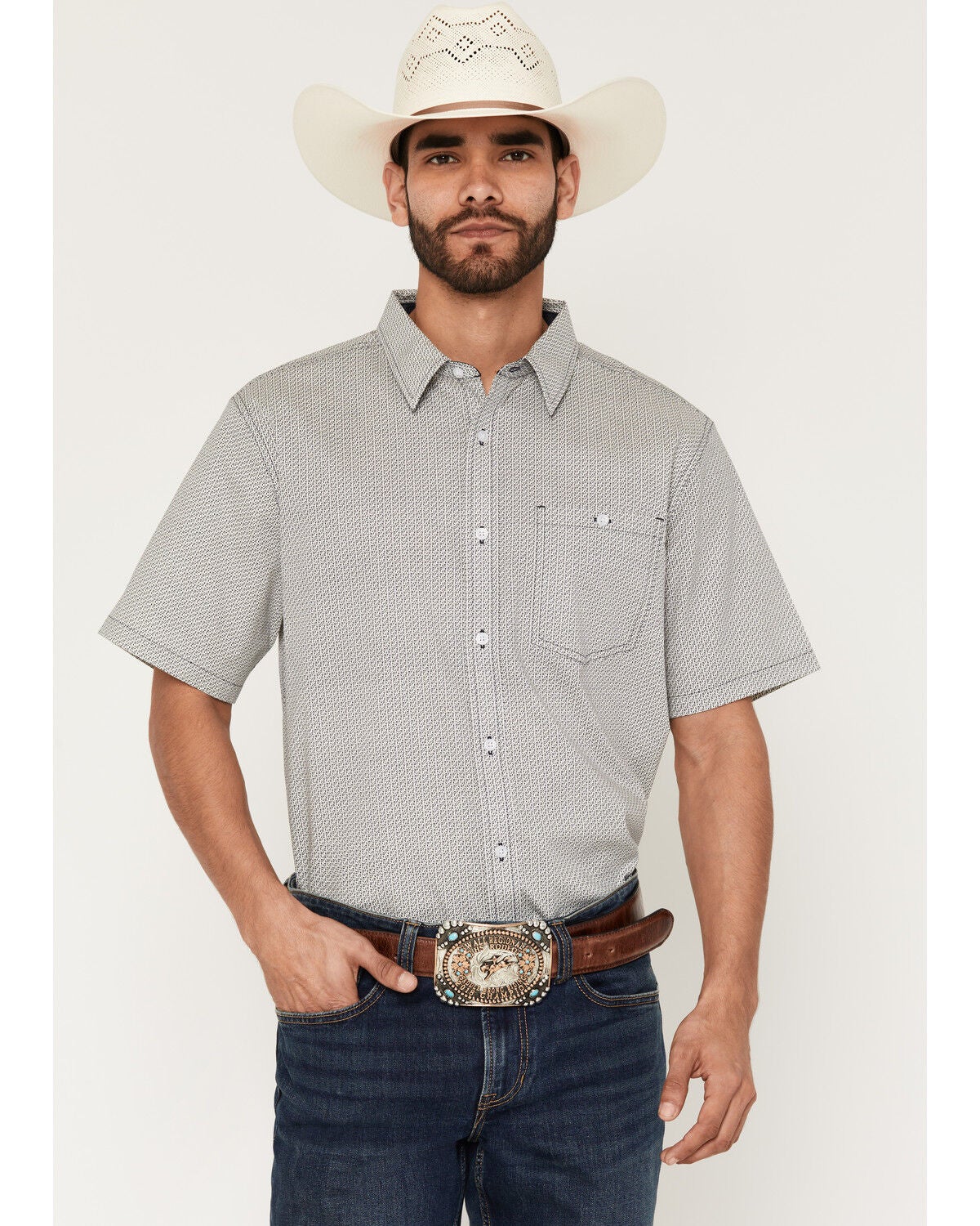 RANK 45&reg; Men's Charged Geo Print Short Sleeve Button-Down Stretch Western Shirt, Navy, hi-res