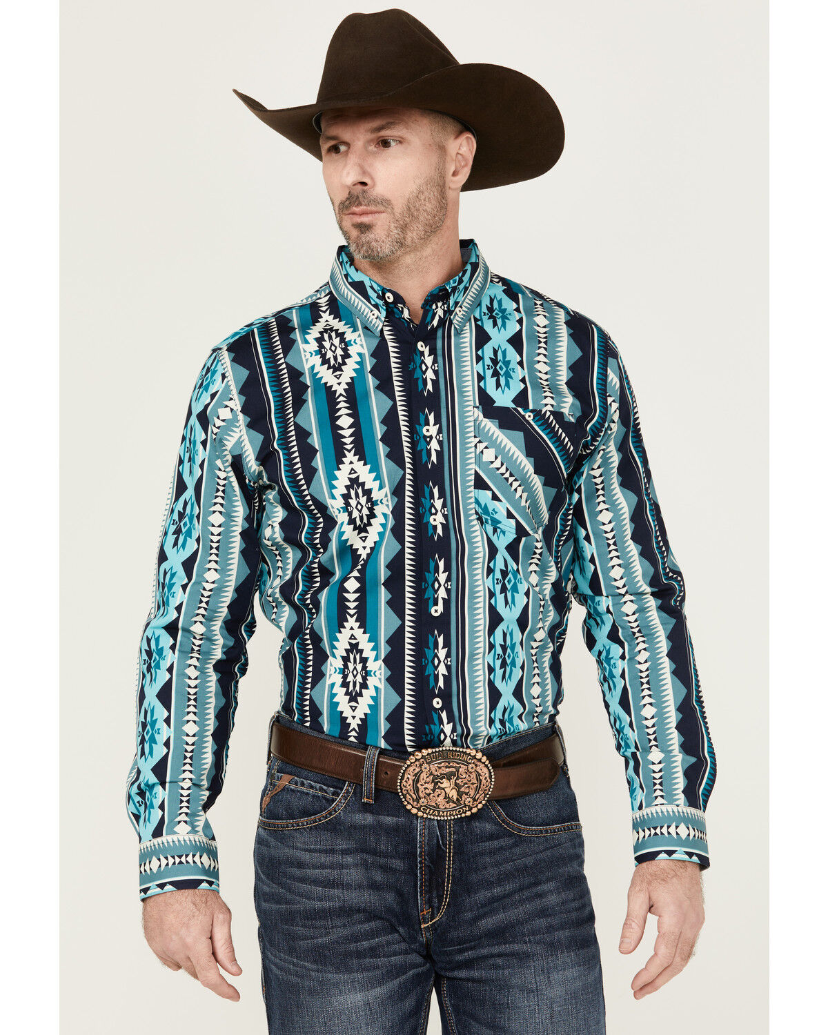 Image #1 - RANK 45® Men's Dakar Exploded Southwestern Print Long Sleeve Performance Stretch Western Shirt, Teal, hi-res