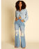 Image #1 - Billabong x Wrangler Women's High Rise Medium Wash Floral Patchwork Straight Crop Jeans, Blue, hi-res