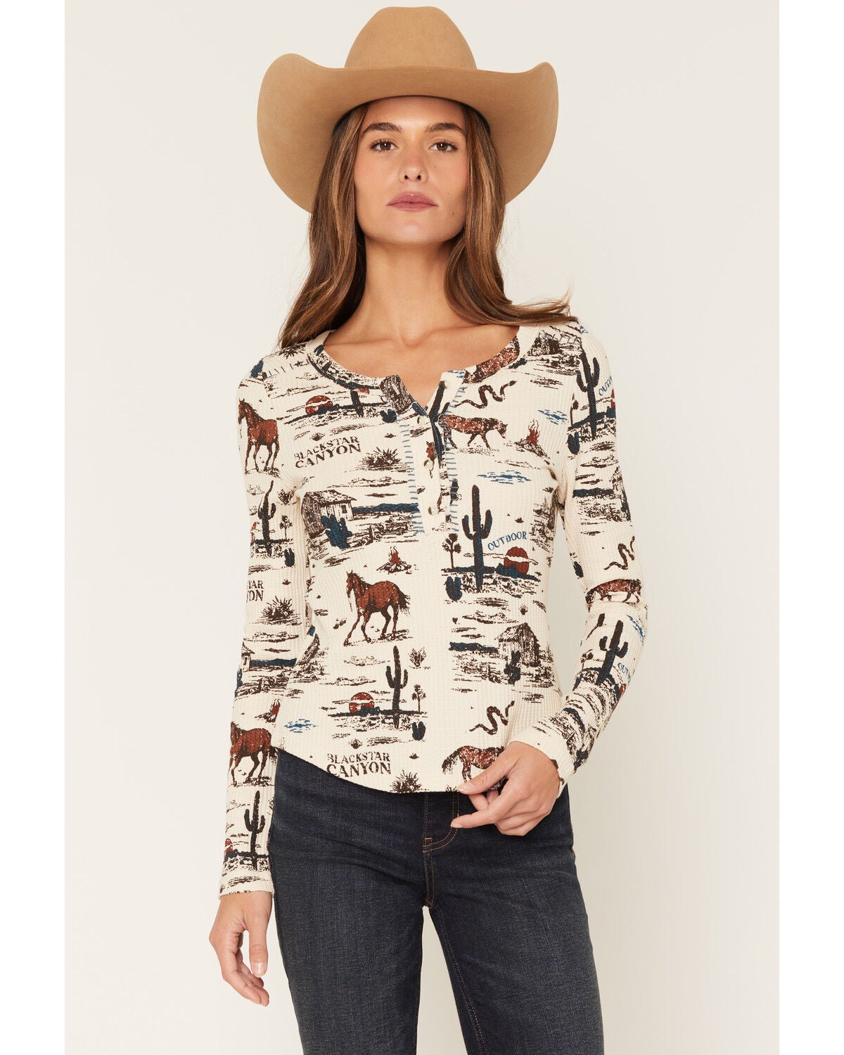 Image #1 - Shyanne Women's Hillsdale Printed Long Sleeve Henley Thermal Top, Natural, hi-res