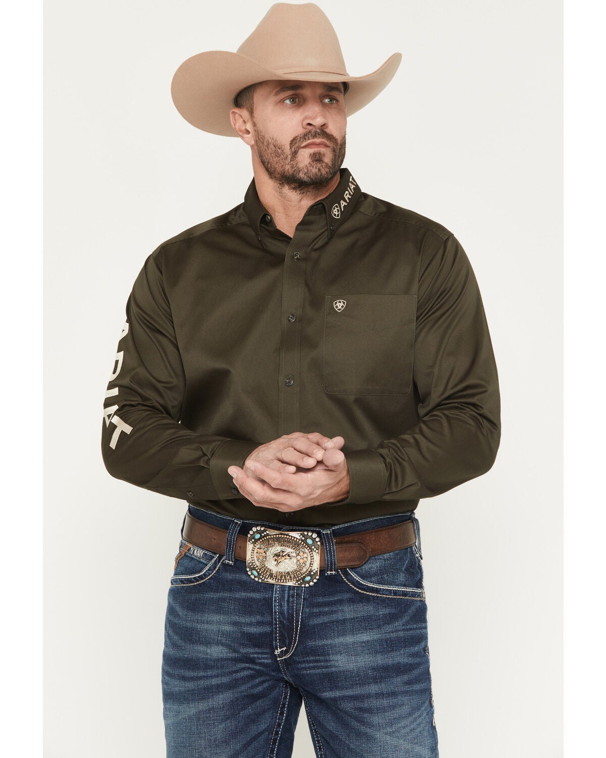 Ariat Men's Logo Solid Twill Long Sleeve Button-Down Western Shirt, Olive, hi-res