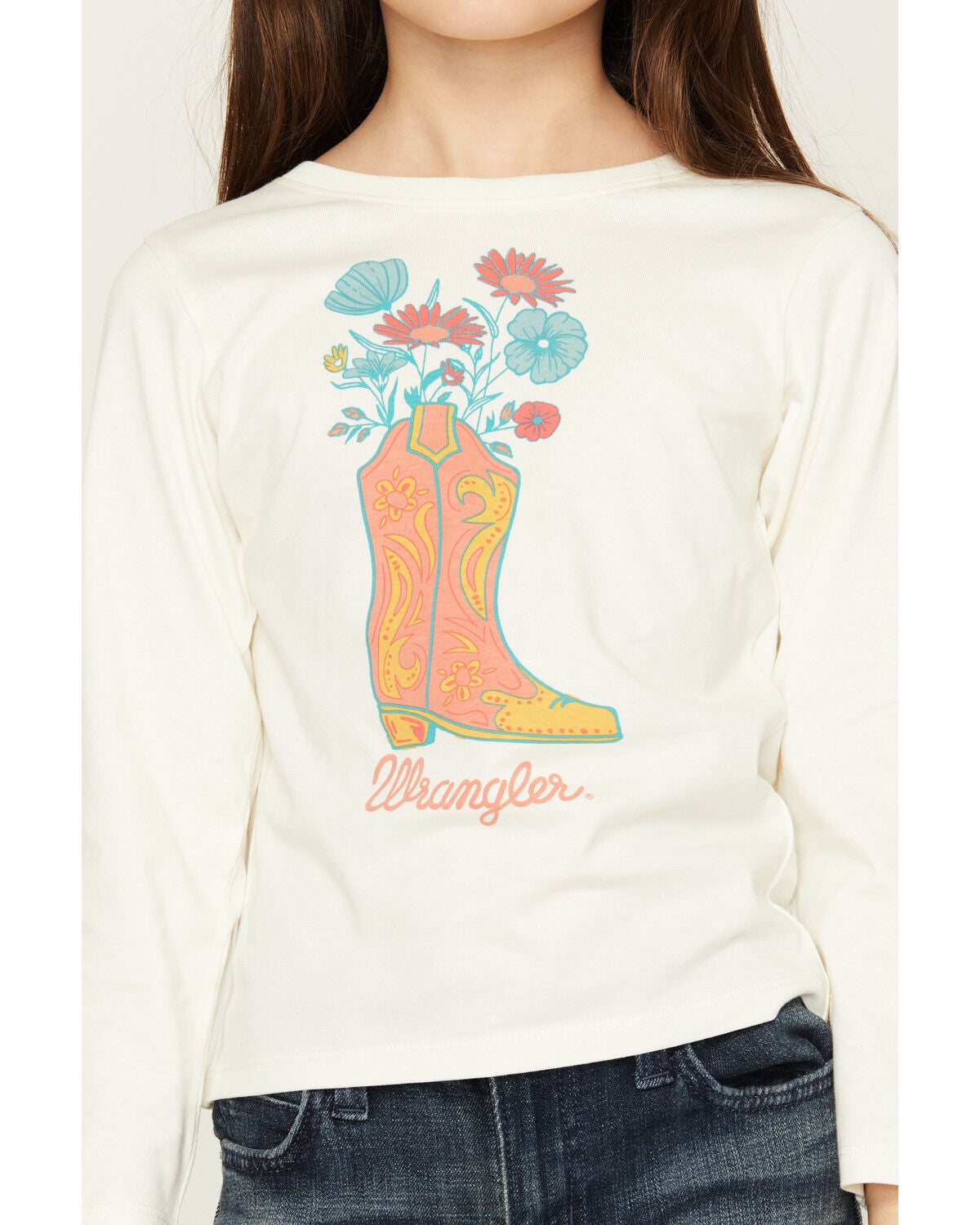 Image #3 - Wrangler Girls' Floral Boot Long Sleeve Graphic Tee, White, hi-res