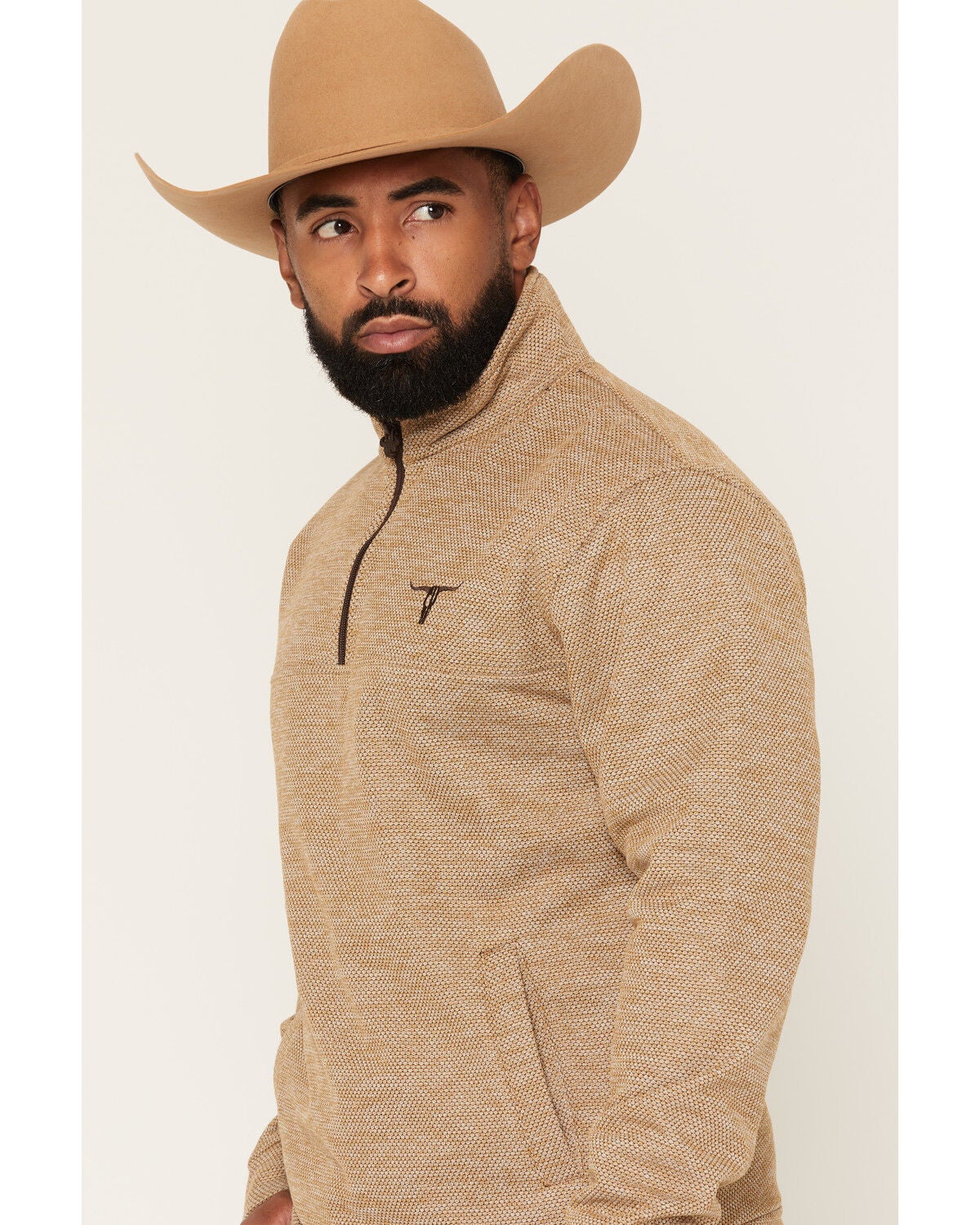 Image #2 - Cowboy Hardware Men's Steer Head Heathered 1/4 Zip Pullover, Tan, hi-res