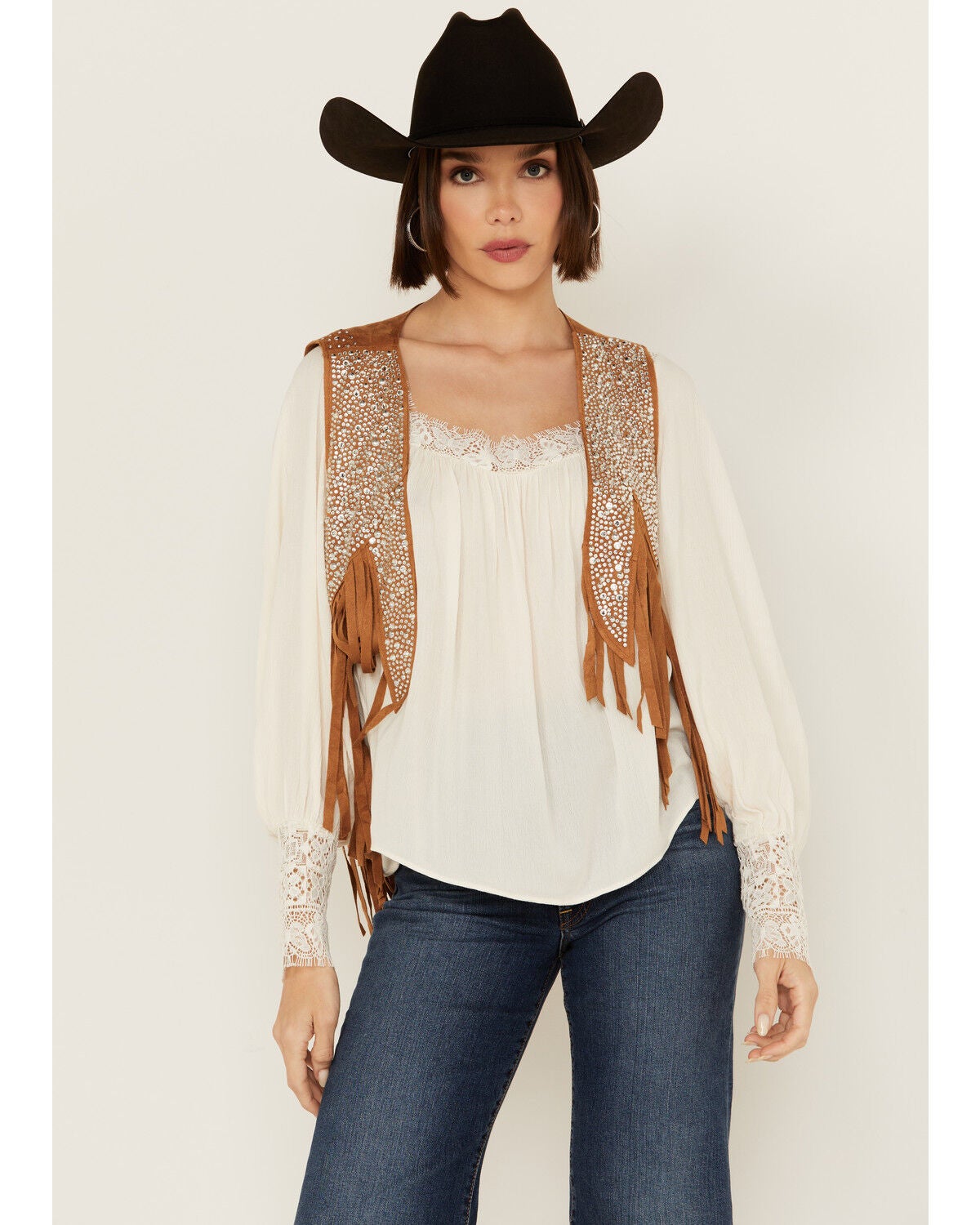 Vocal Women's Rhinestone Cropped Faux Suede Vest, Camel, hi-res