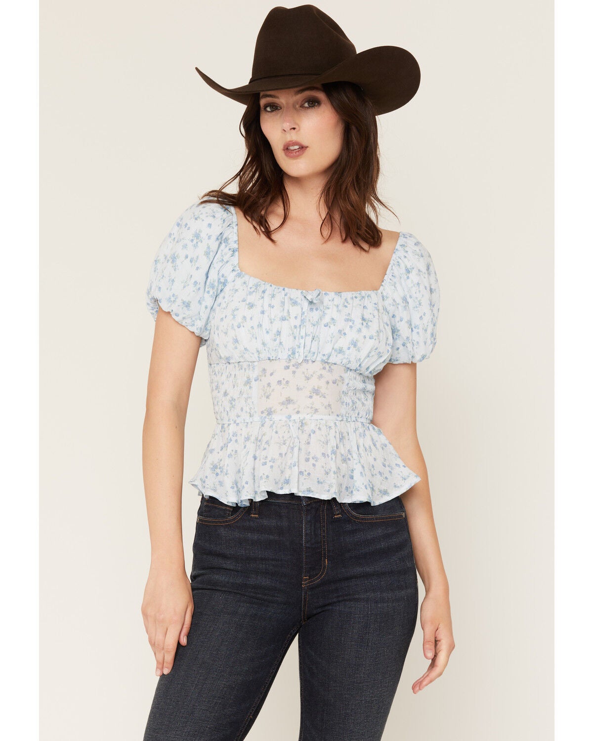 Ash & Violet Women's Ditsy Floral Smocked Short Sleeve Shirt, Blue, hi-res