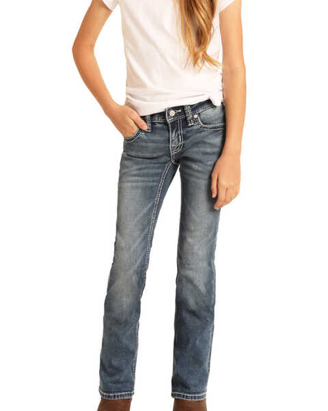 Rock & Roll Denim Girls' Medium Embroidered Bootcut Jeans, Blue, hi-res