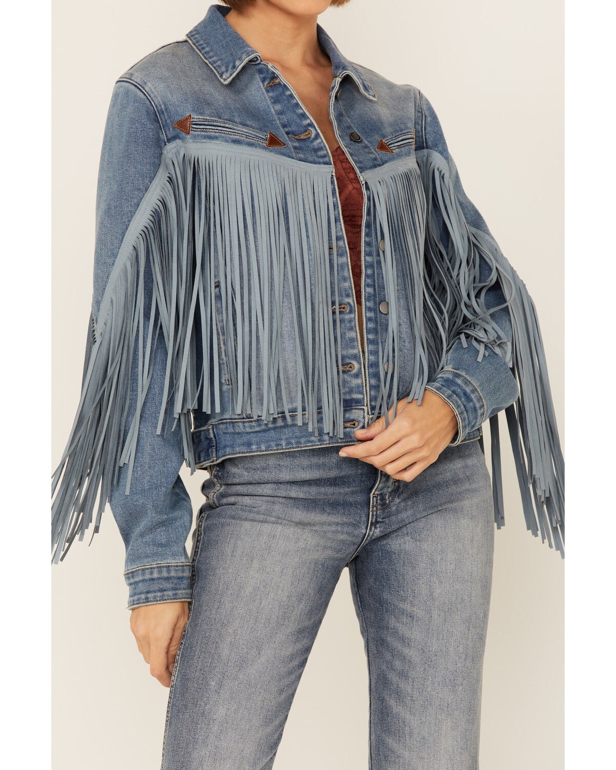 Image #2 - Rock & Roll Denim Women's Light Wash Tonal Suede Fringe Button-Down Denim Jacket , , hi-res