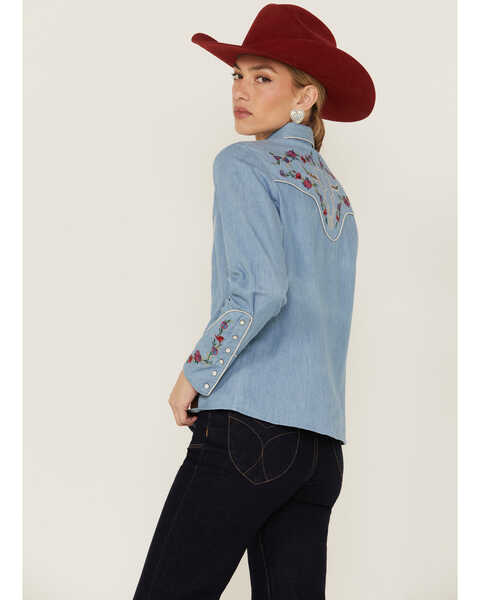 Image #3 - Scully Women's Chambray Floral Embroidered Yoke Pearl Snap Western Shirt, Blue, hi-res