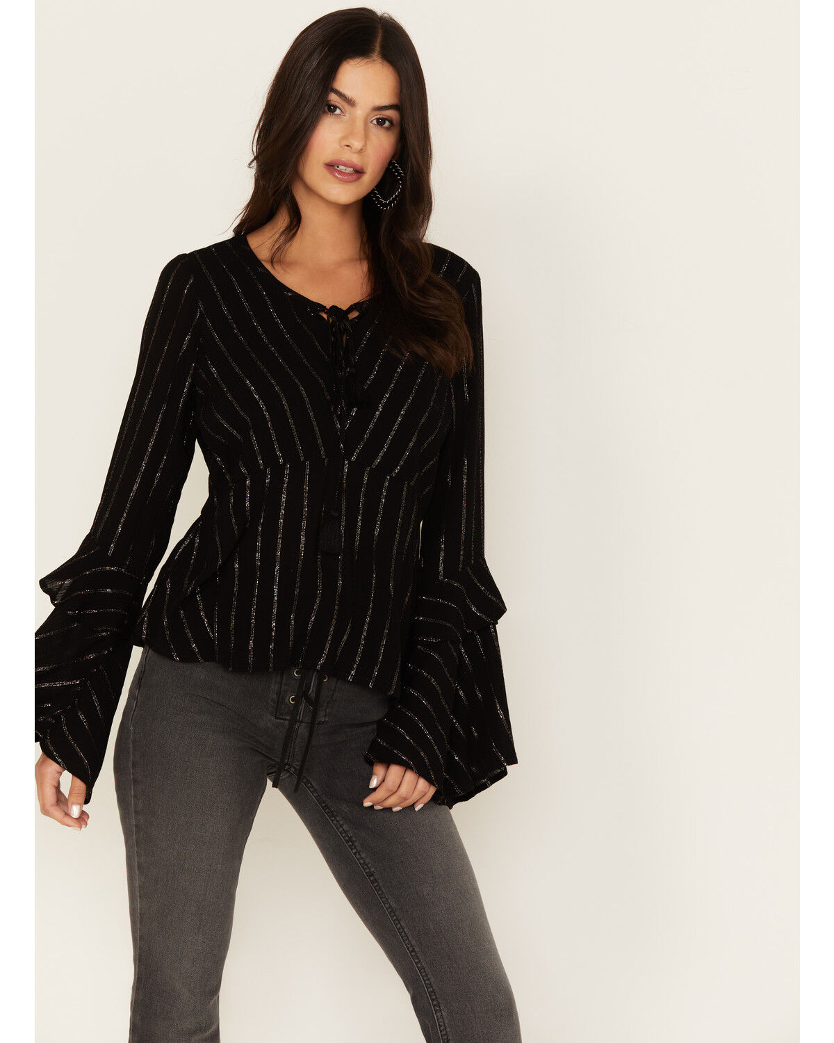 Image #1 - Idyllwind Women's Lafayette Metallic Stripe Top, Black, hi-res