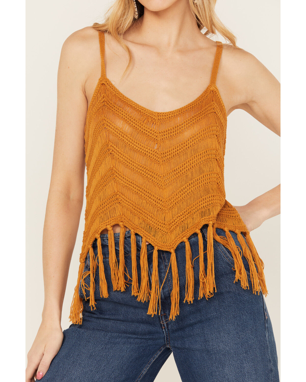 Image #3 - Rock & Roll Denim Women's Crochet Fringe Tank, Gold, hi-res