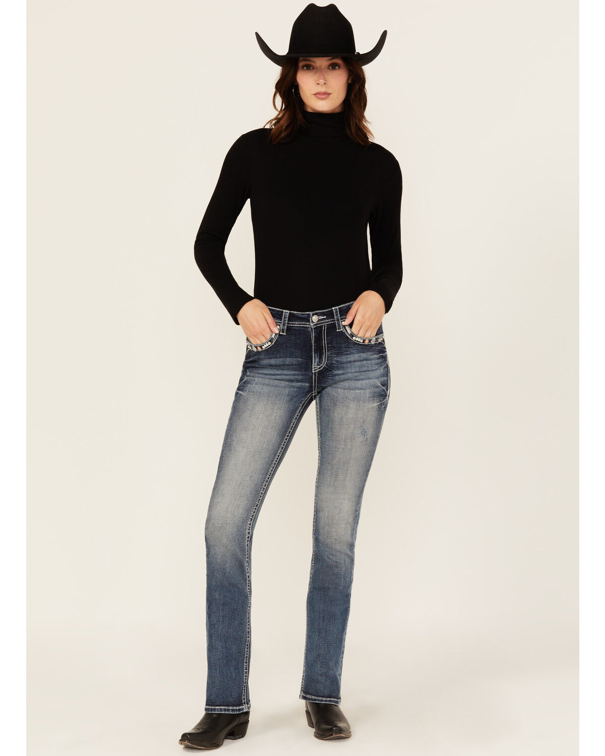 Image #3 - Grace In LA Women's Medium Wash Geo Print Embroidered Mid Rise Bootcut Stretch Denim Jeans, Medium Wash, hi-res