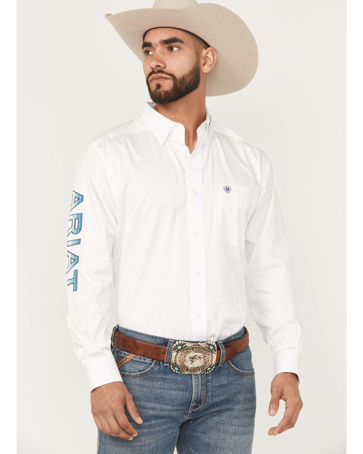 Image #1 - Ariat Men's Team Logo Solid Long Sleeve Button-Down Western Shirt - Big, White, hi-res