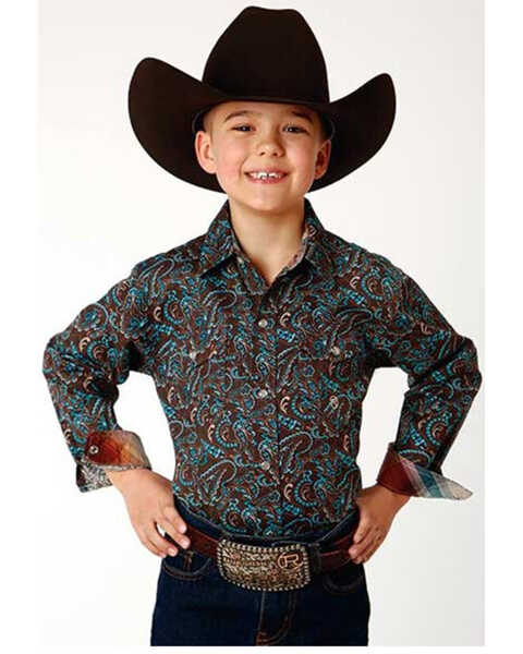Roper Boys' Paisley Print Long Sleeve Snap Western Shirt , Brown, hi-res