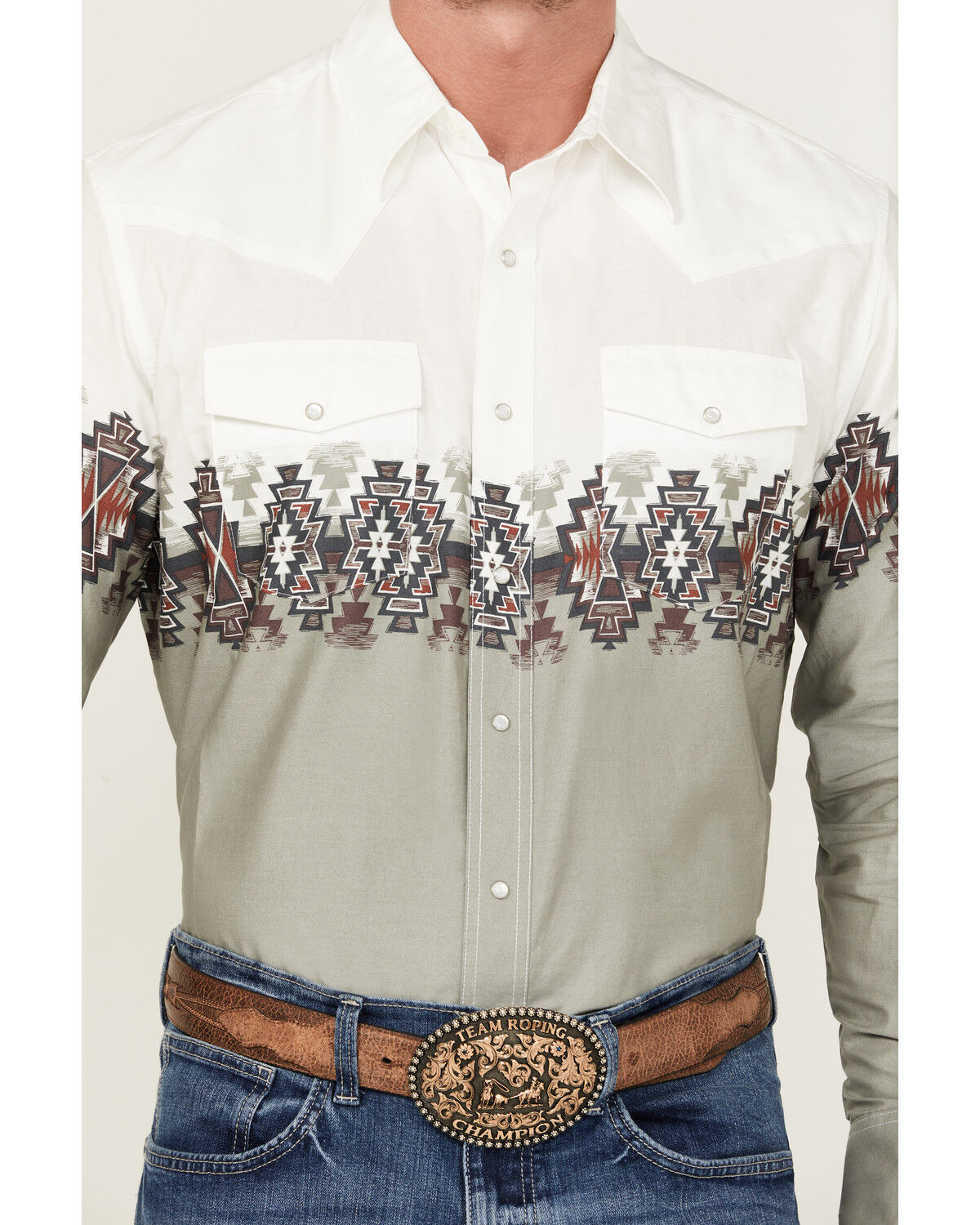 Image #3 - Wrangler Men's Checotah Border Print Long Sleeve Pearl Snap Western Shirt, White, hi-res