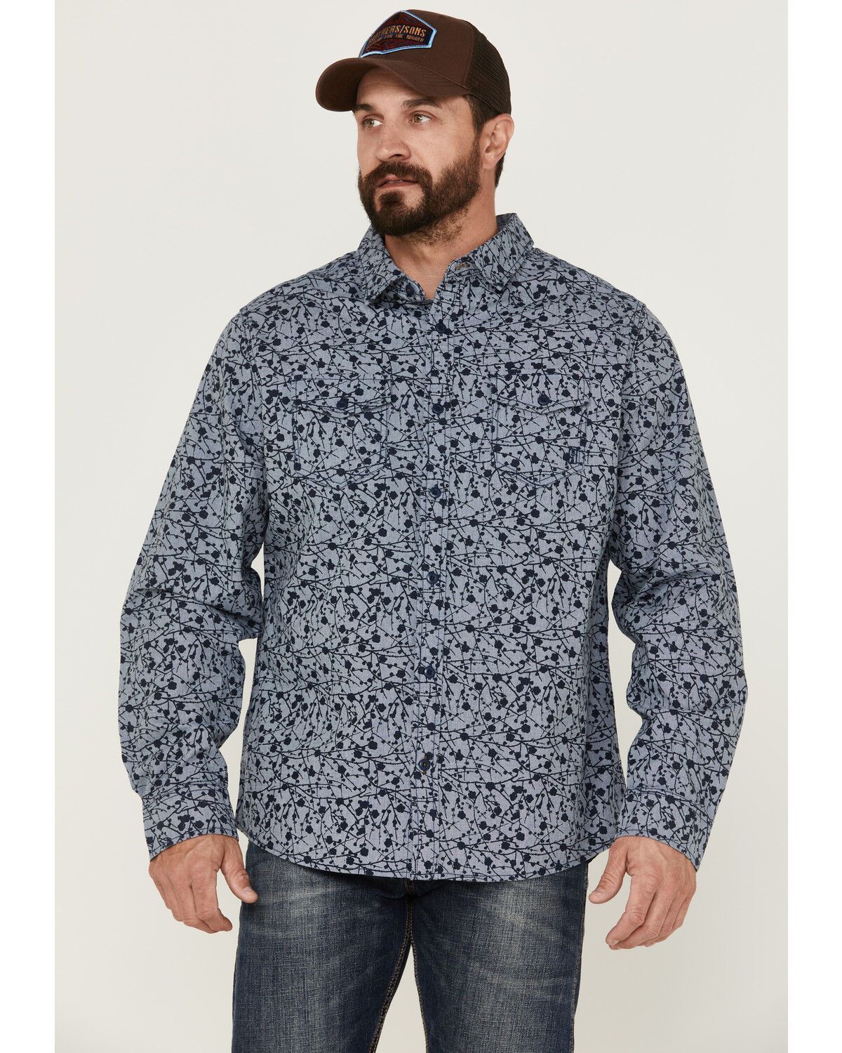 Image #1 - Brothers and Sons Men's All-Over Print Long Sleeve Button Down Western Shirt, Navy, hi-res