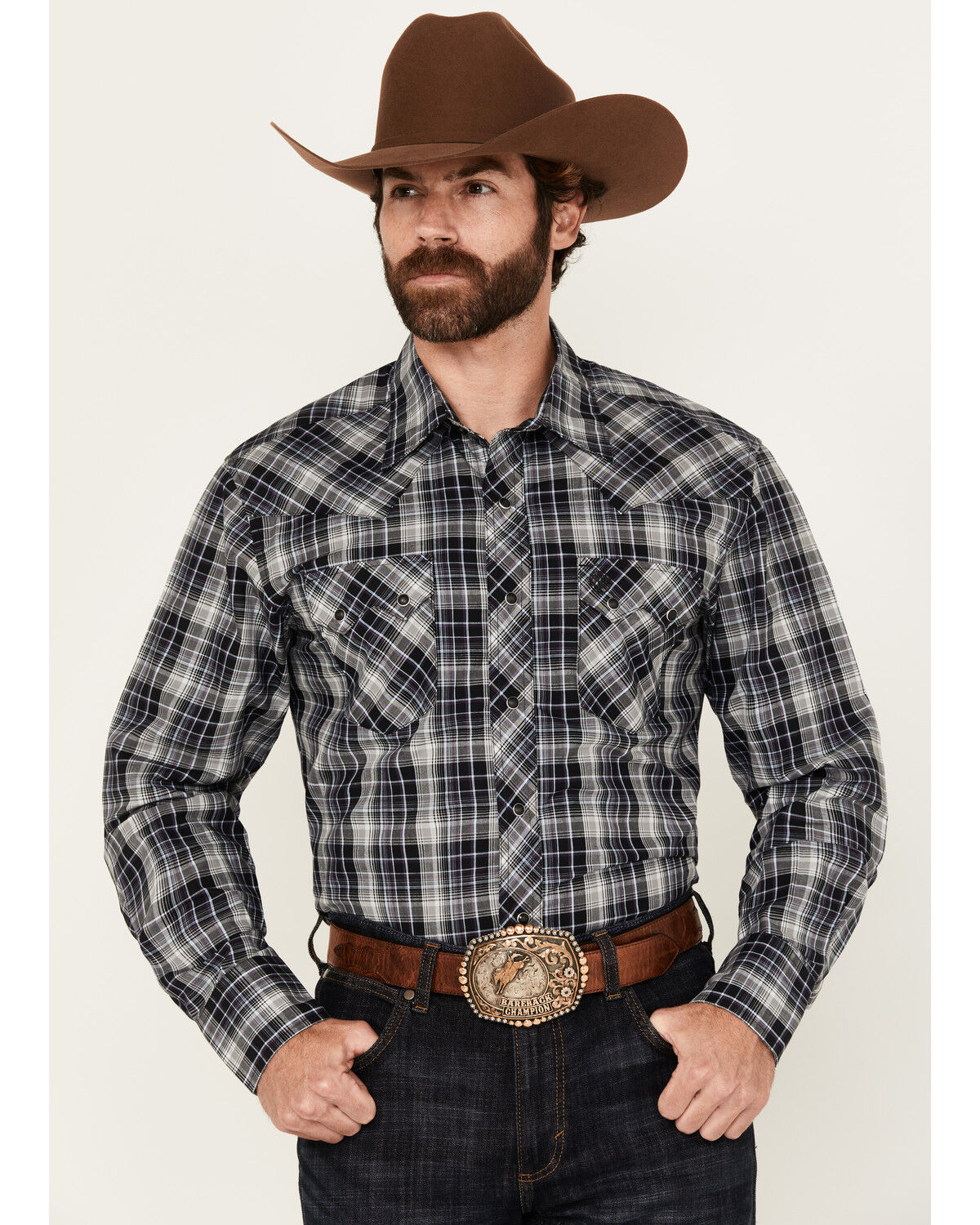 Image #1 - Wrangler Retro Men's Plaid Print Long Sleeve Snap Western Shirt, Black, hi-res