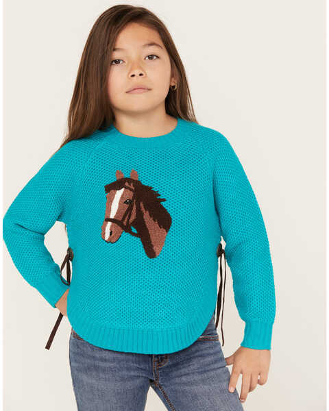 Cotton & Rye Girls' Horse Graphic Sweater, Turquoise, hi-res