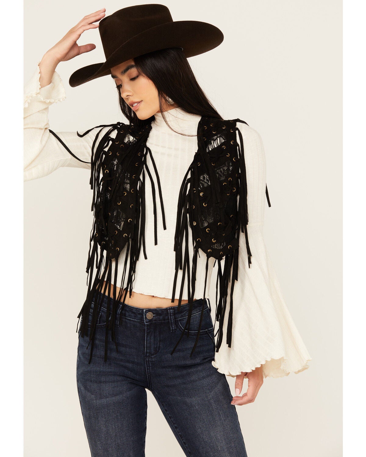 Vocal Women's Braided Lace Fringe Vest, Black, hi-res