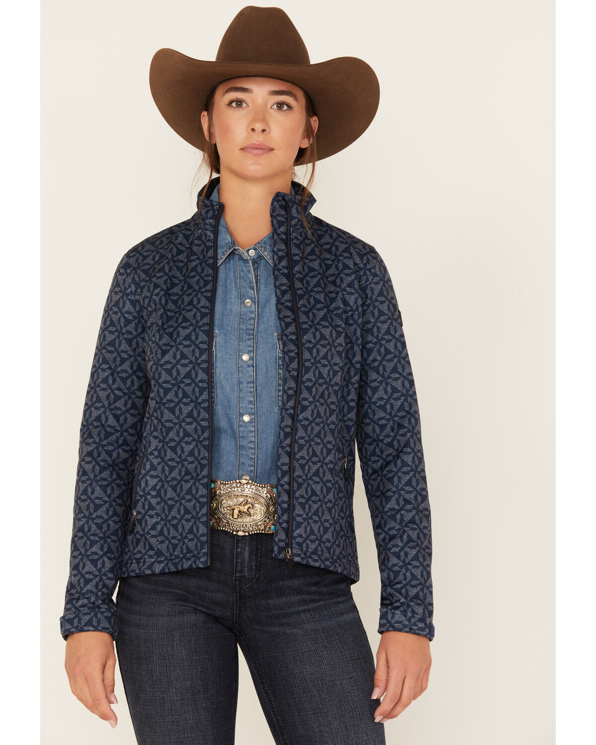 Image #1 - RANK 45® Women's Geo Print Softshell Jacket, Dark Blue, hi-res