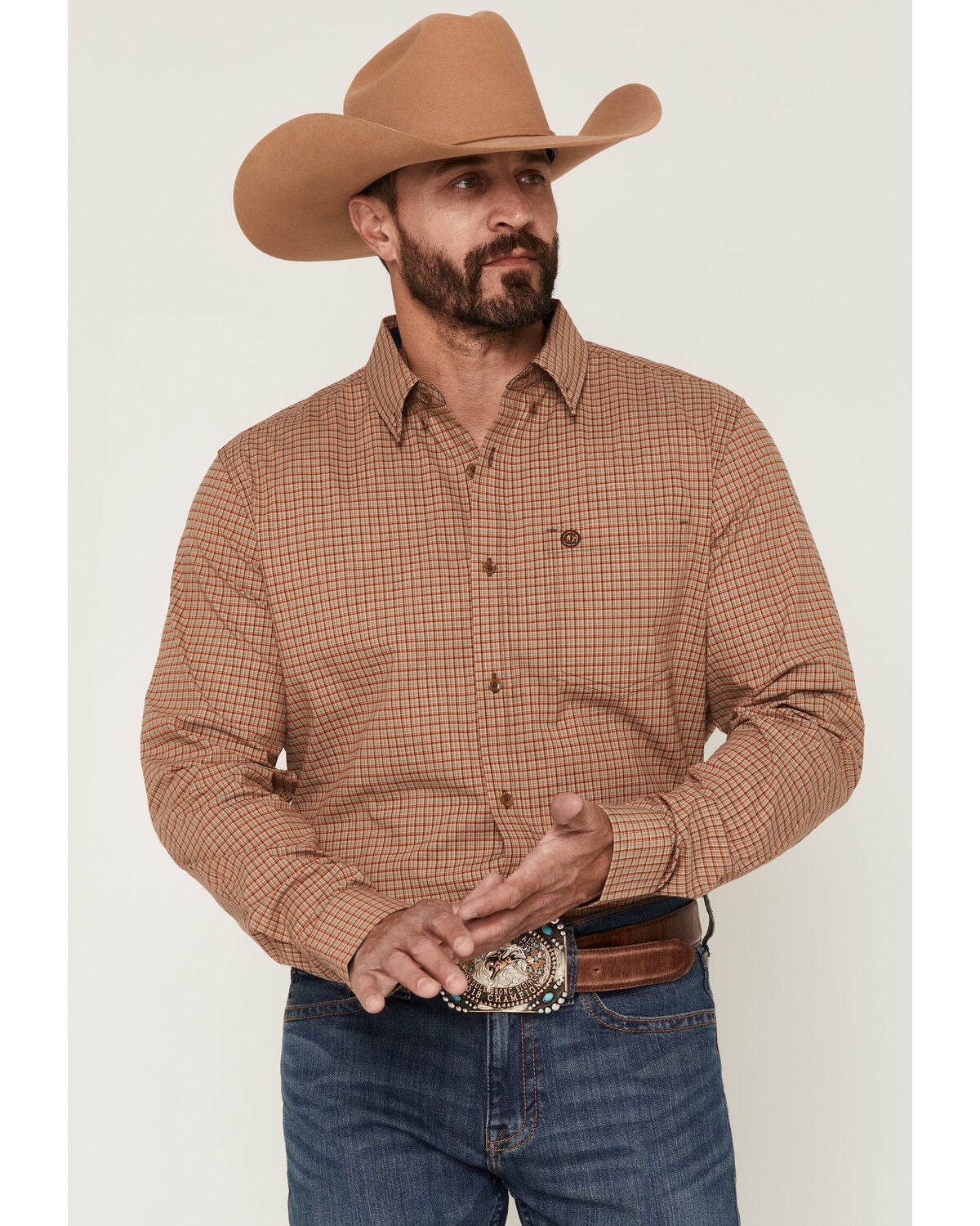 Cody James Men's Fold Nugget Plaid Print Long Sleeve Button-Down Stretch Western Shirt, Tan, hi-res