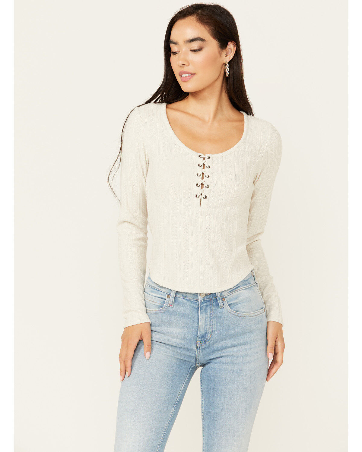 Image #1 - Idyllwind Women's Hummingbird Tie Front Long Sleeve Top, Stone, hi-res