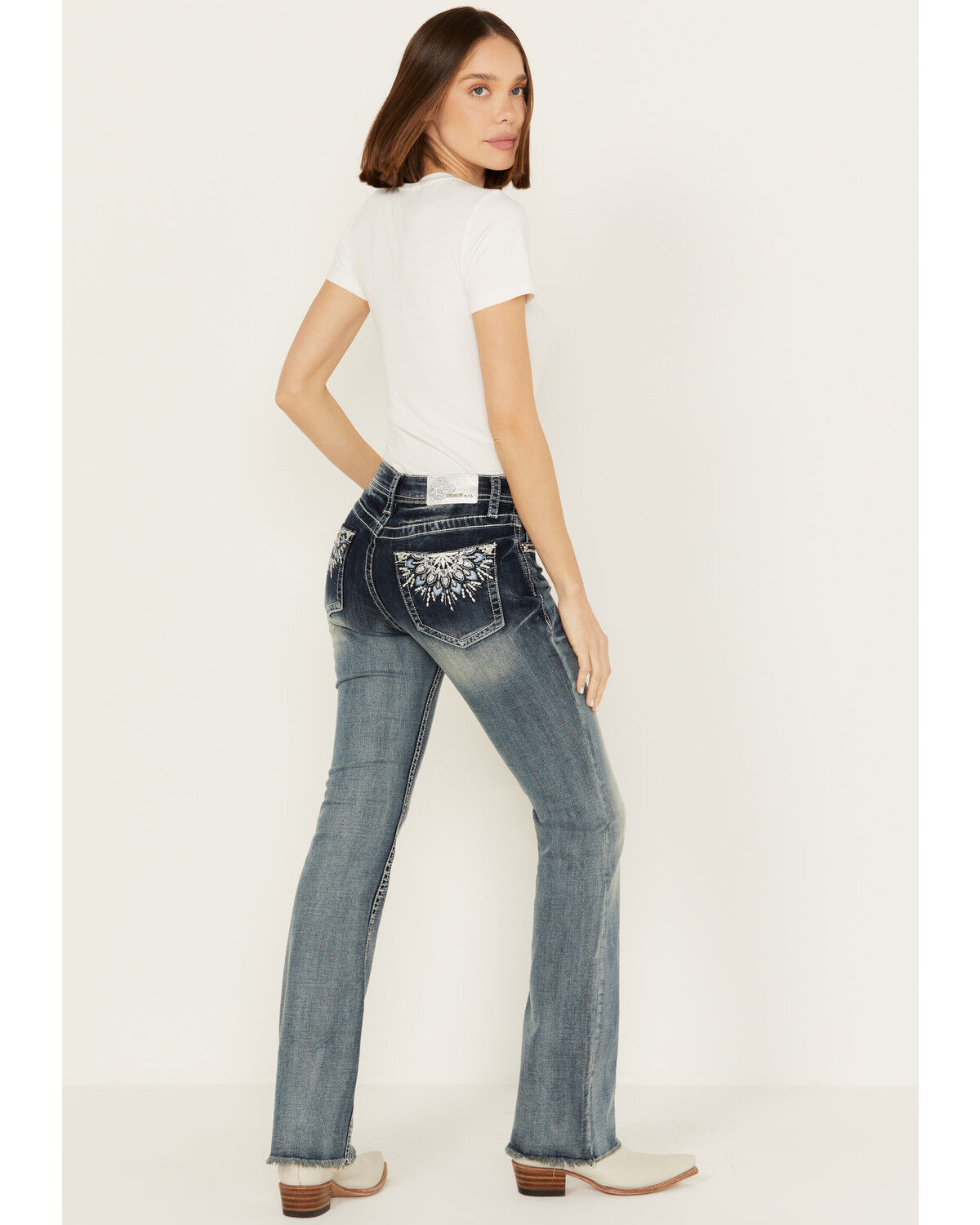 Image #1 - Grace in LA Women's Mid Rise Sequins Embroidered Pocket Bootcut Jeans, Dark Wash, hi-res