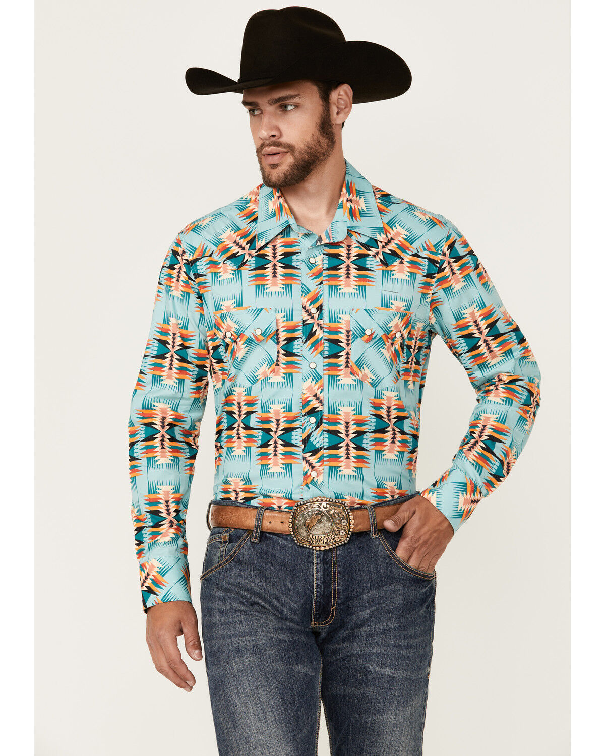 Image #1 - Rock & Roll Denim Men's Southwestern Print Long Sleeve Snap Stretch Western Shirt, Teal, hi-res
