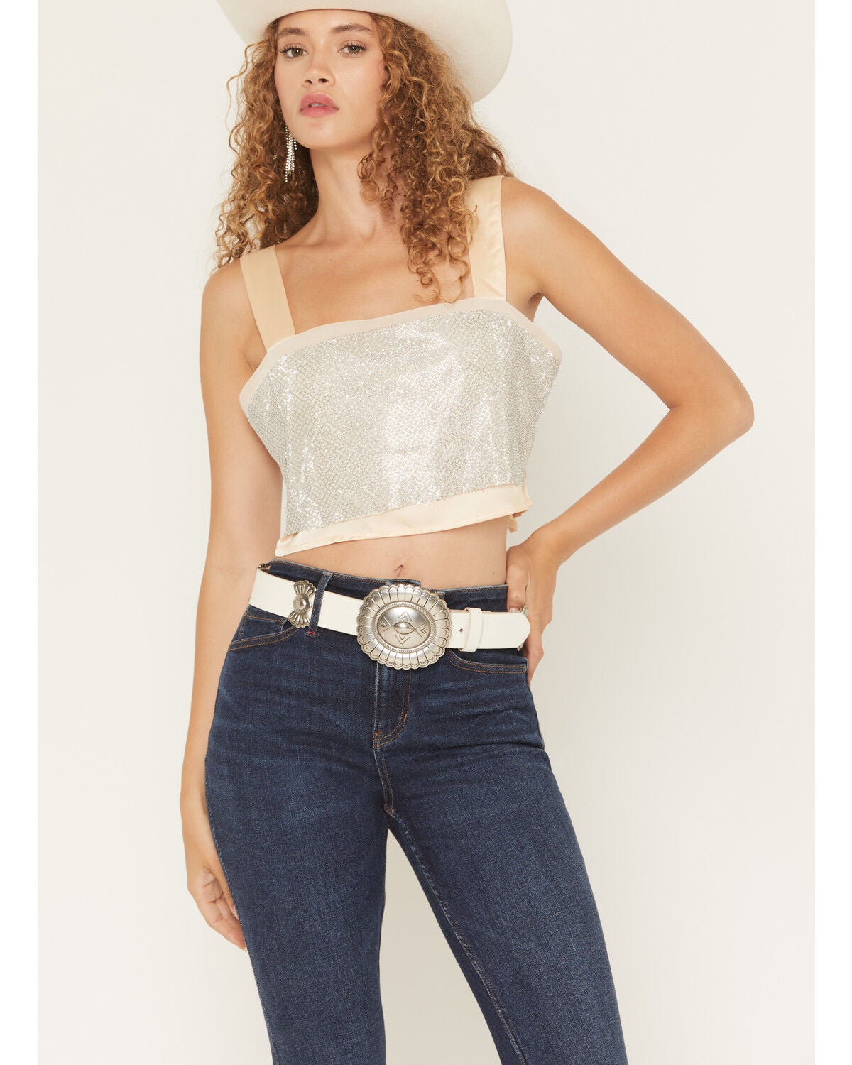 Blue B Women's Satin Crystal Embellished Top, Cream, hi-res