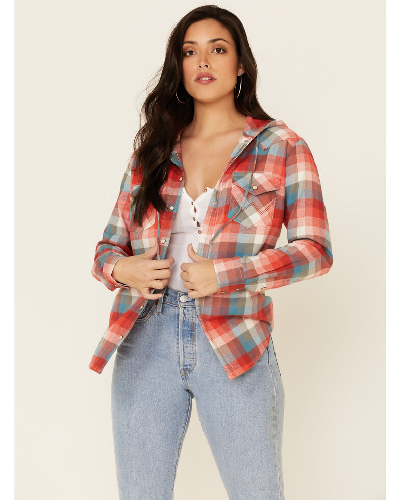 Wrangler Women's Red Plaid Long Sleeve Hooded Snap Western Shirt, Red, hi-res