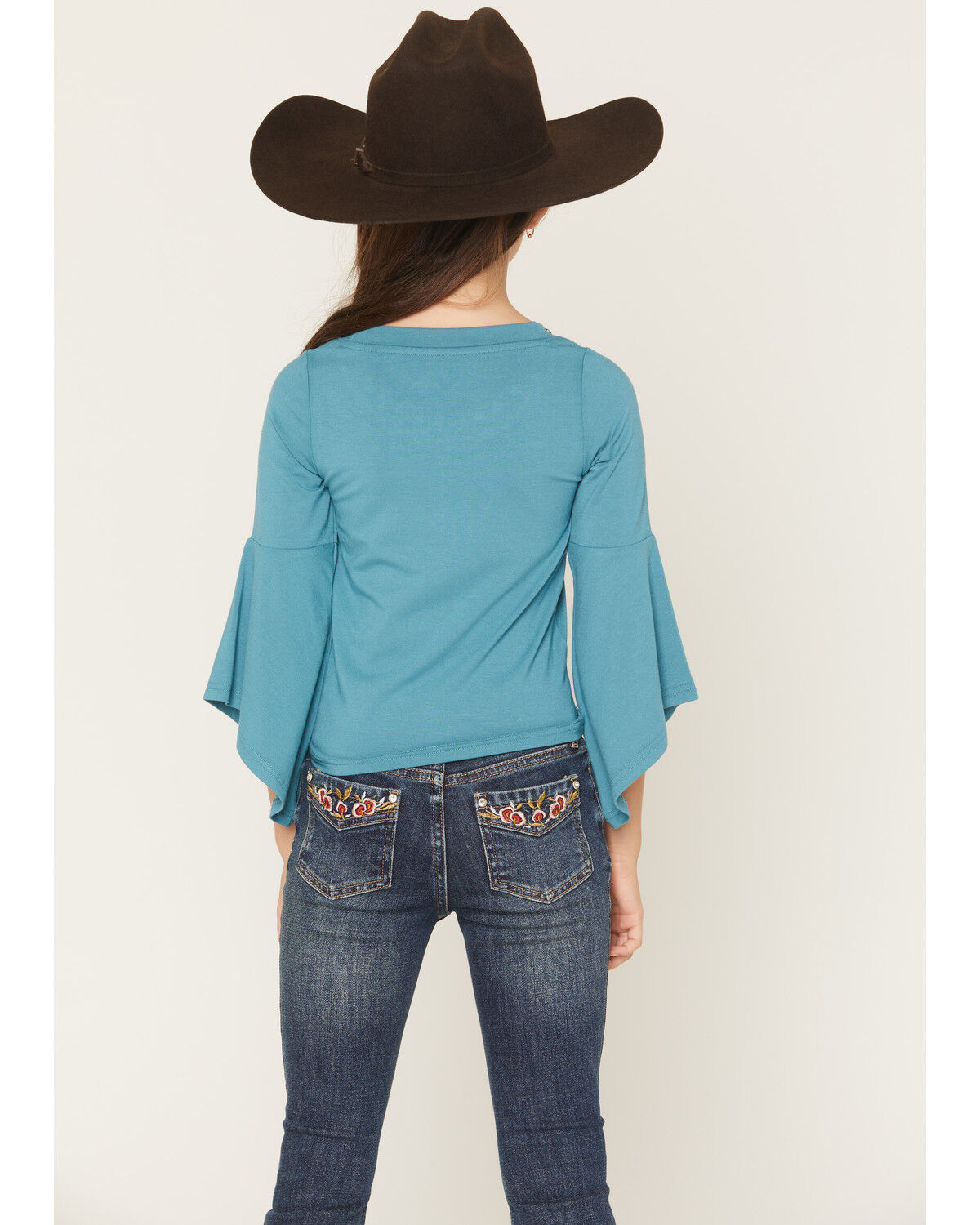 Image #4 - Shyanne Girls' Solid Studded Long Bell Sleeve Shirt, Turquoise, hi-res