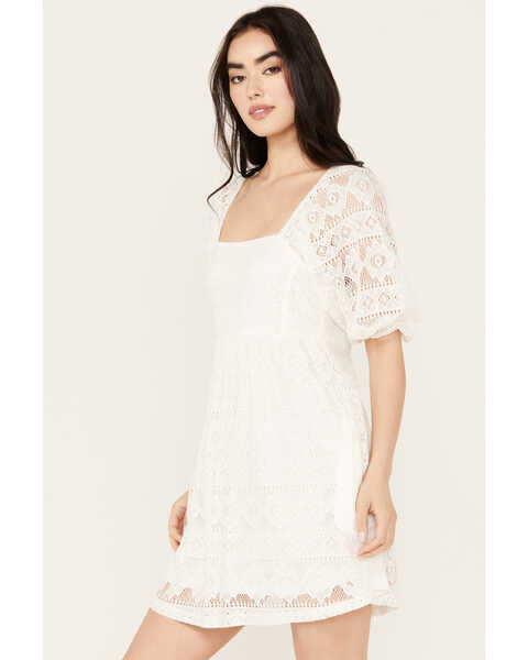 Image #2 - En Creme Women's Allover Crochet Short Sleeve Mini Dress, White, hi-res