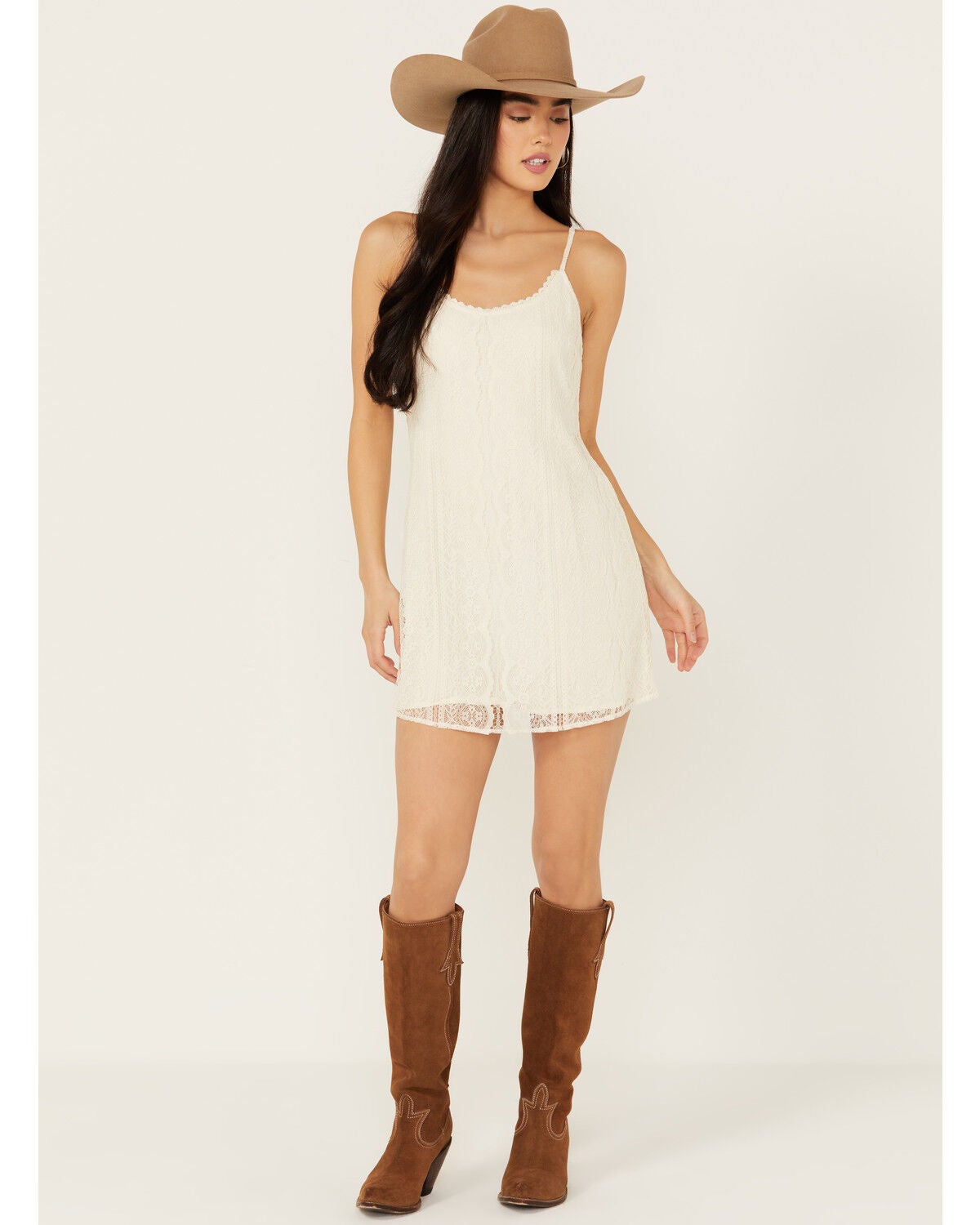 Shyanne Women's Nylon Lace Mini Slip Dress, Cream, hi-res
