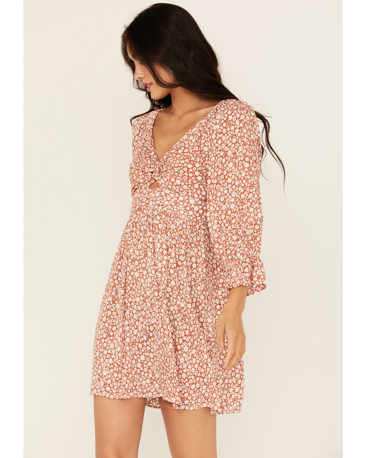 Image #1 - Angie Women's Floral Print Knot Front Mini Dress, Rust Copper, hi-res
