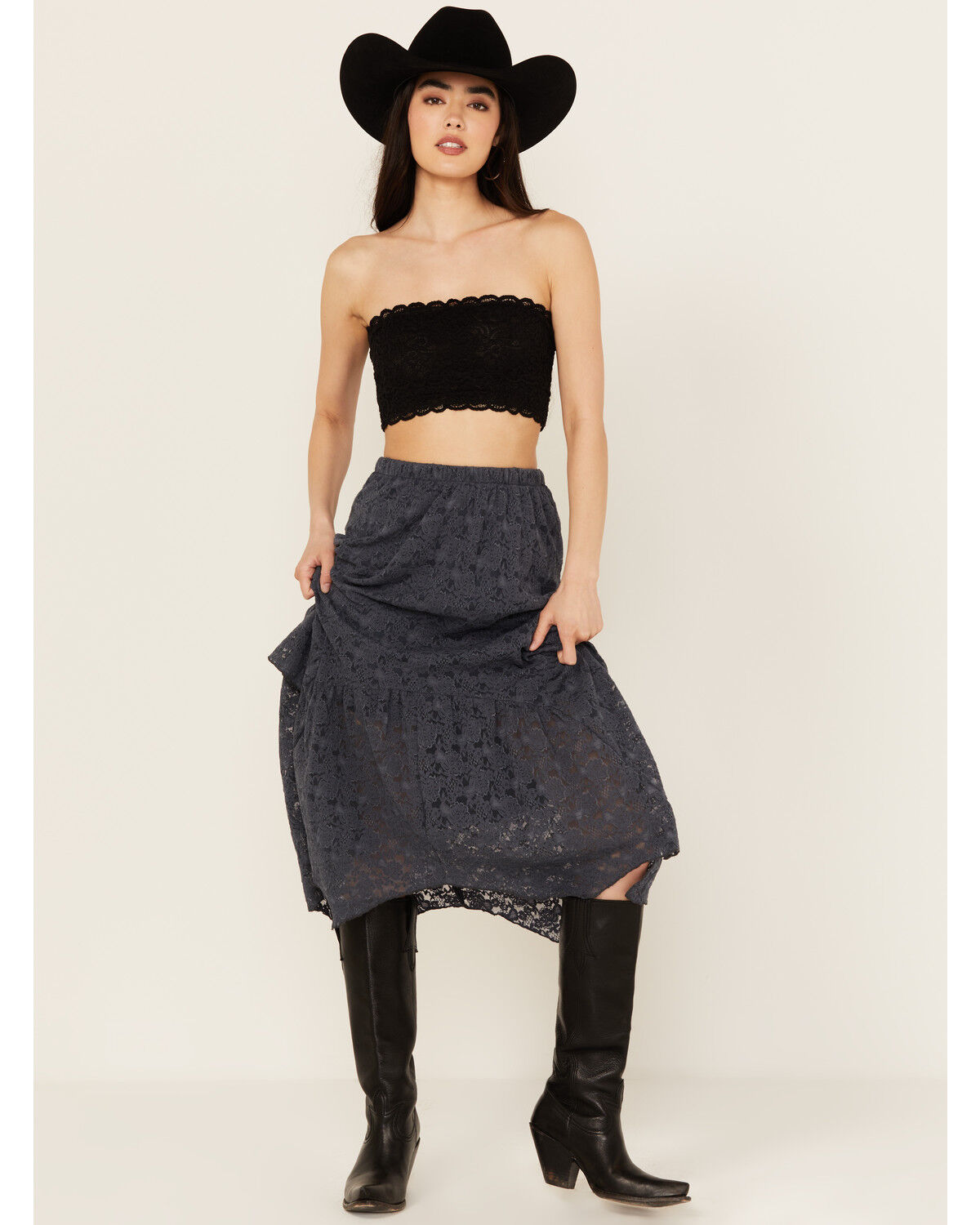 Image #1 - Originality Women's Handkerchief Hem Lace Midi Skirt, Navy, hi-res