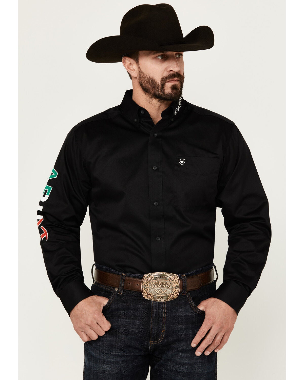 Ariat Men's Twill Fitted Team Mexico Solid Long Sleeve Button-Down Western Shirt, Black, hi-res