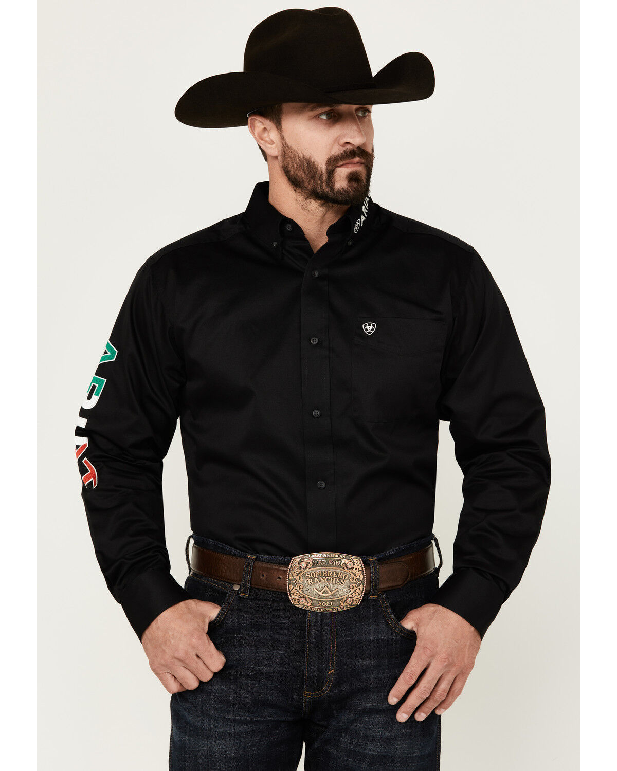 Image #1 - Ariat Men's Twill Fitted Team Mexico Solid Long Sleeve Button-Down Western Shirt, Black, hi-res