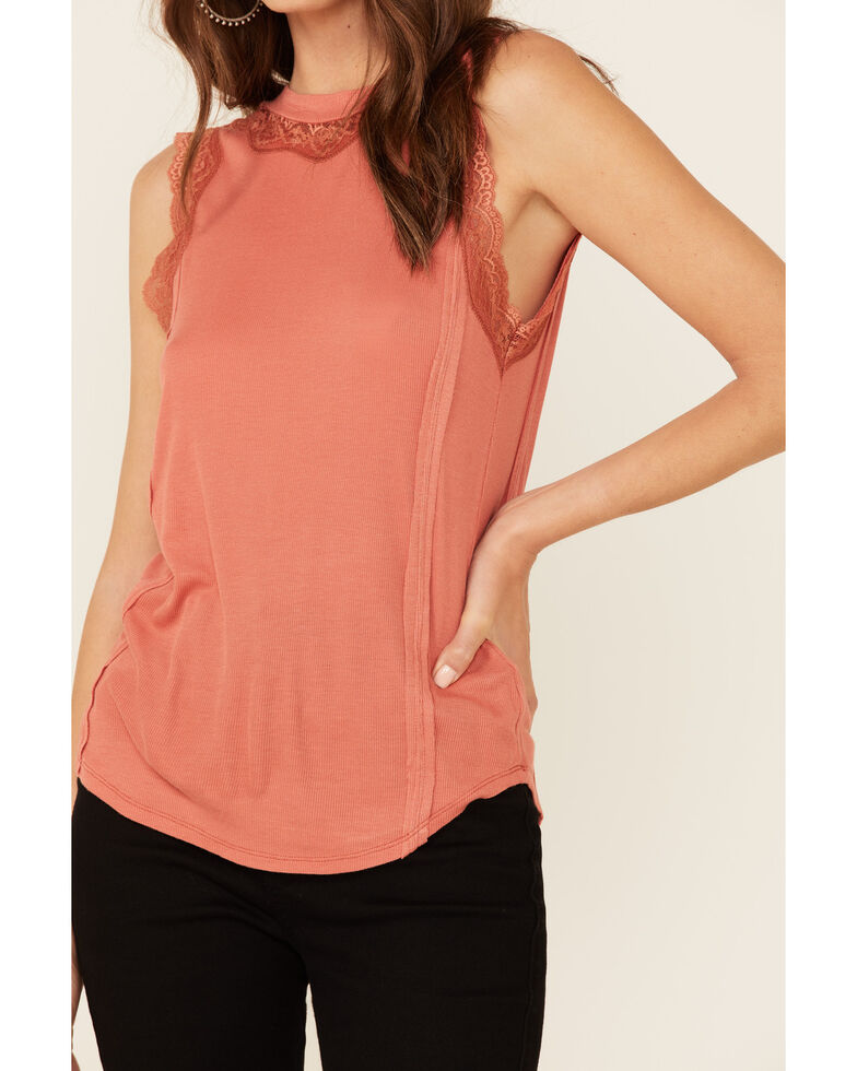 Rock & Roll Denim Women's Coral High Neck Lace Inset Tank Top , Coral, hi-res