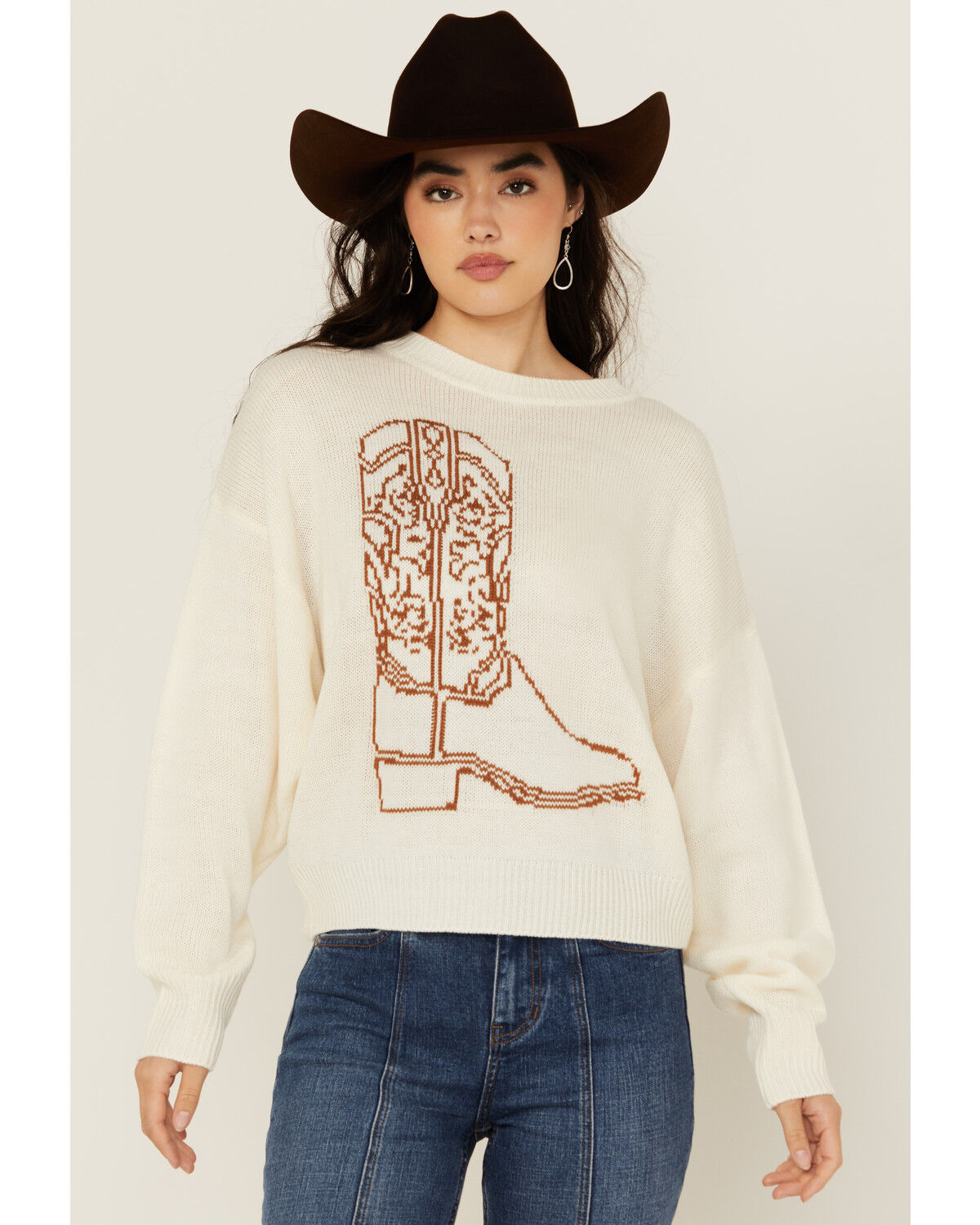 Image #1 - Wrangler Retro Women's Embroidered Boot Sweater, White, hi-res