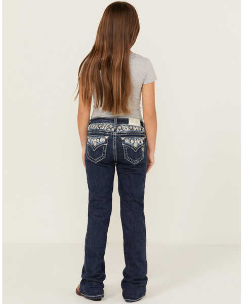 Miss Me Girls' Dark Wash Burnout Distressed Star Embroidered Bootcut Denim Jeans , Blue, hi-res